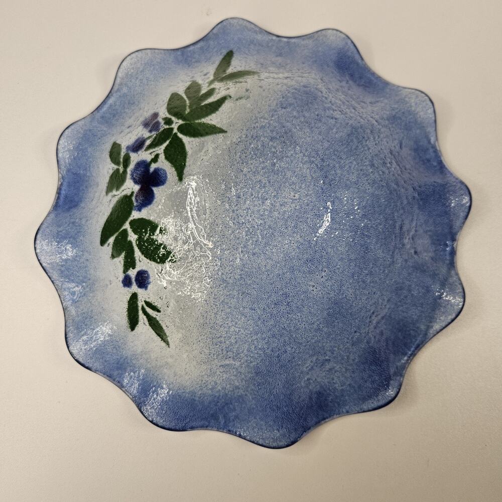 VINTAGE Hand Made Flower Pattern Fused Glass Textured Bowl Dish Ruffled Edge - Picture 6 of 8